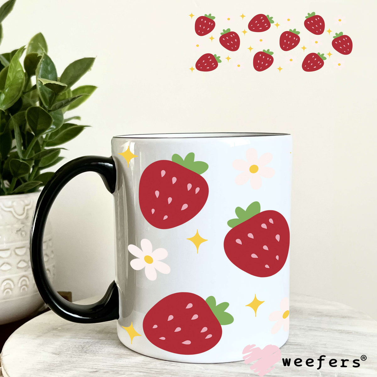 Red Strawberries and White Flowers UV DTF Cup Wrap 11oz Coffee Mug Weefers