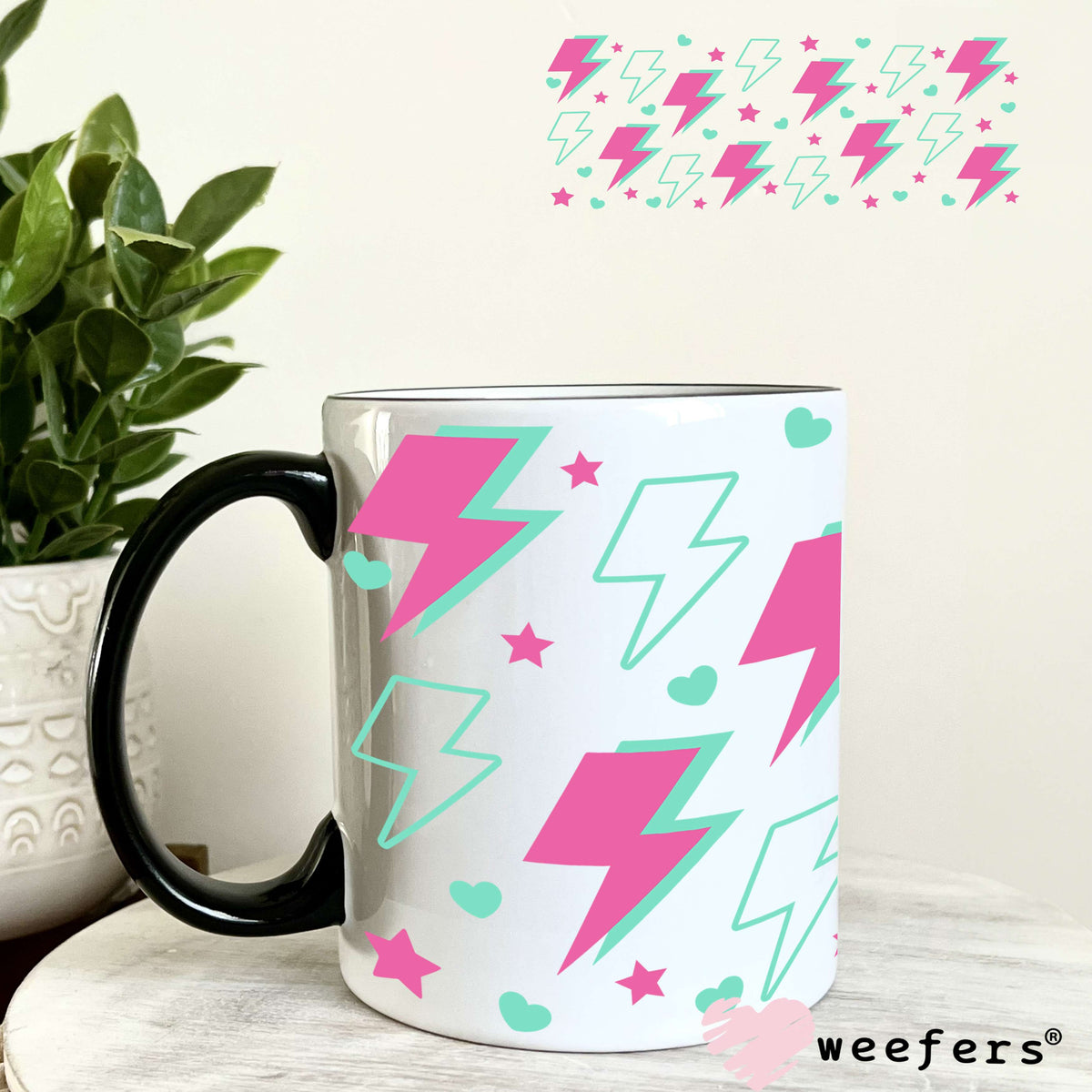 Pink and Teal Lightening Bolts UV DTF Cup Wrap 11oz Coffee Mug Weefers