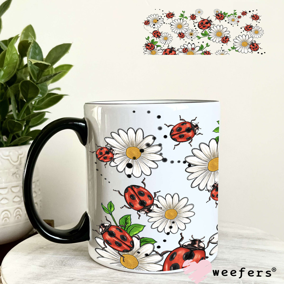 Lady Bug Daisy Flowers UV DTF Cup Wrap 11oz Coffee Mug Weefers