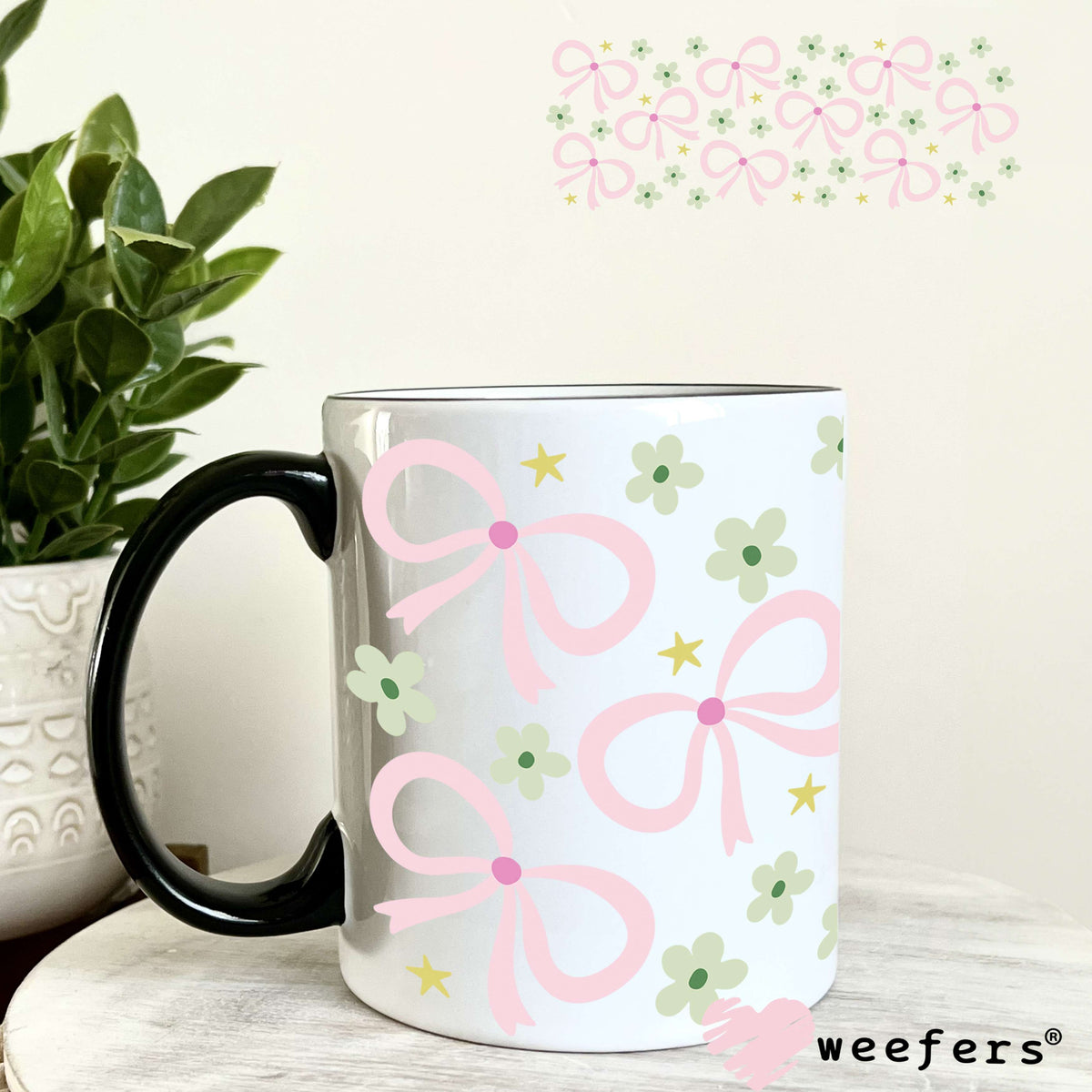 Pink Bows Mint Green Flowers UV DTF Cup Wrap 11oz Coffee Mug Weefers