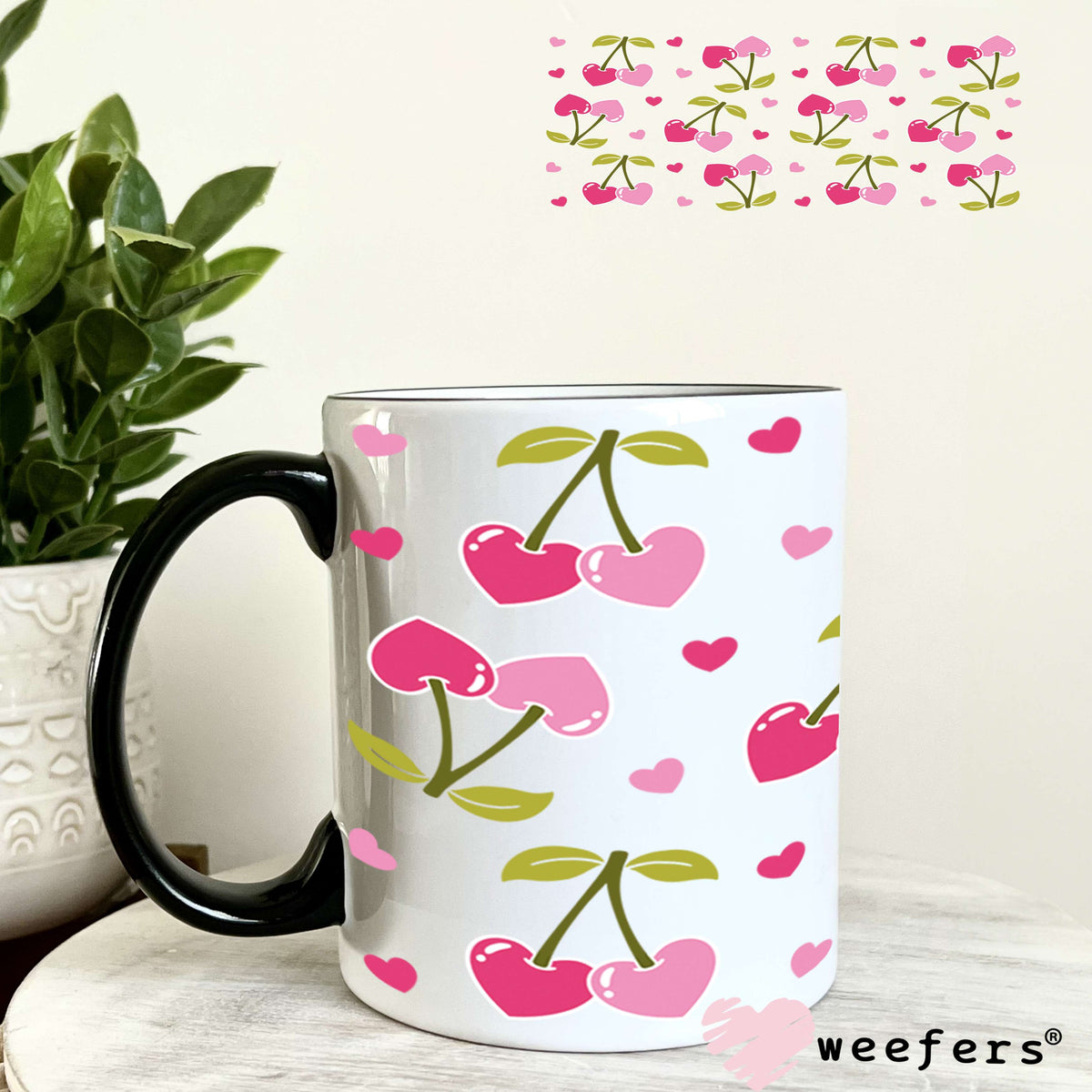 Pink and Hot Pink Cherries UV DTF Cup Wrap 11oz Coffee Mug Weefers