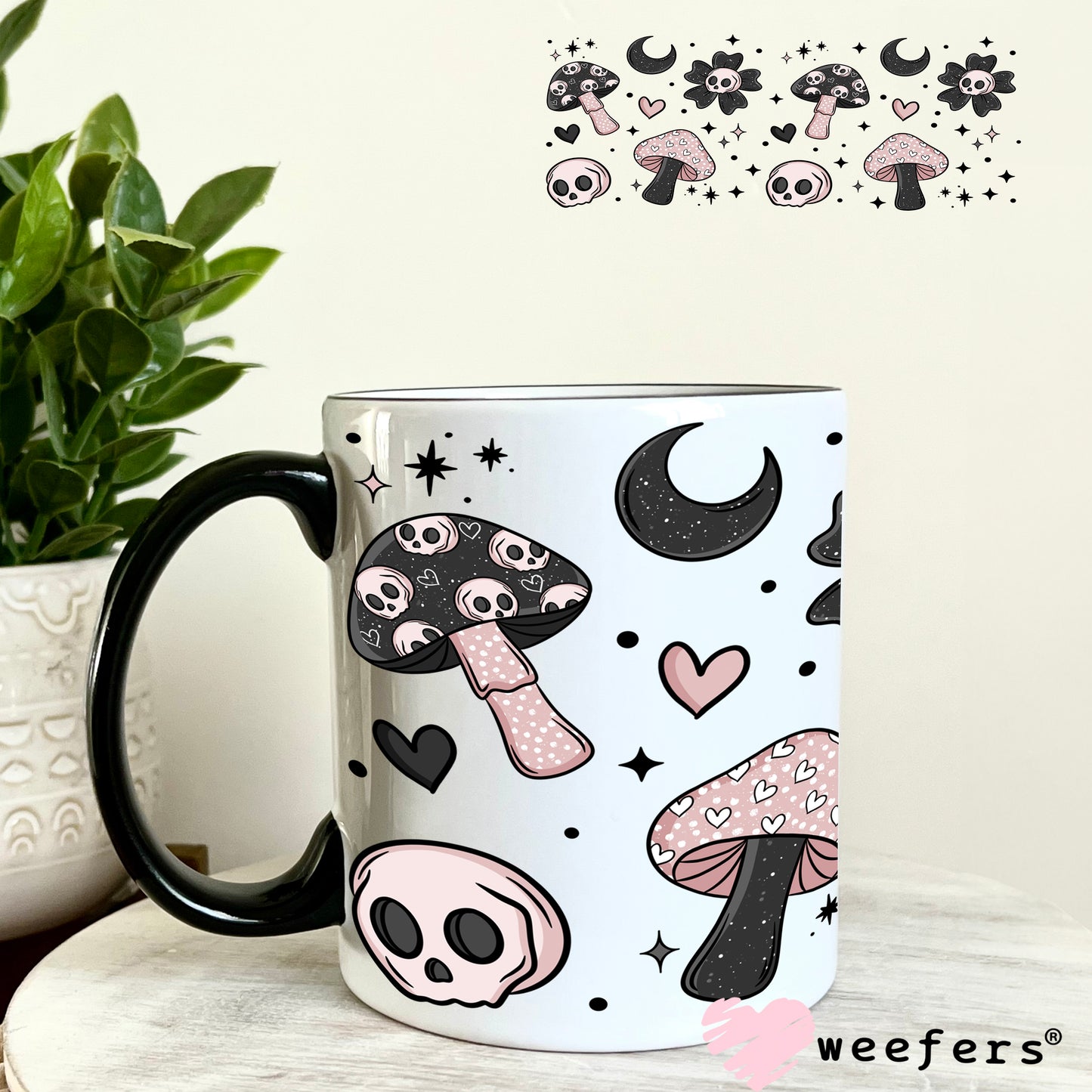 Pink and Black Mushrooms and Skulls UV DTF Cup Wrap 11oz Coffee Mug Weefers