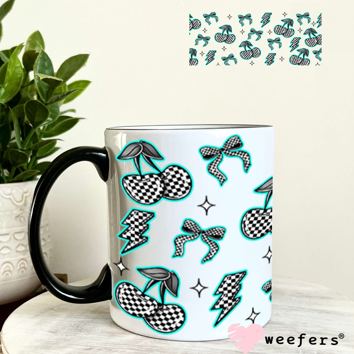 Teal Black and White Checkered Cherries and Bows UV DTF Cup Wrap - WEEFERS EXCLUSIVE WRAP 11oz Coffee Mug Cup Wrap Weefers