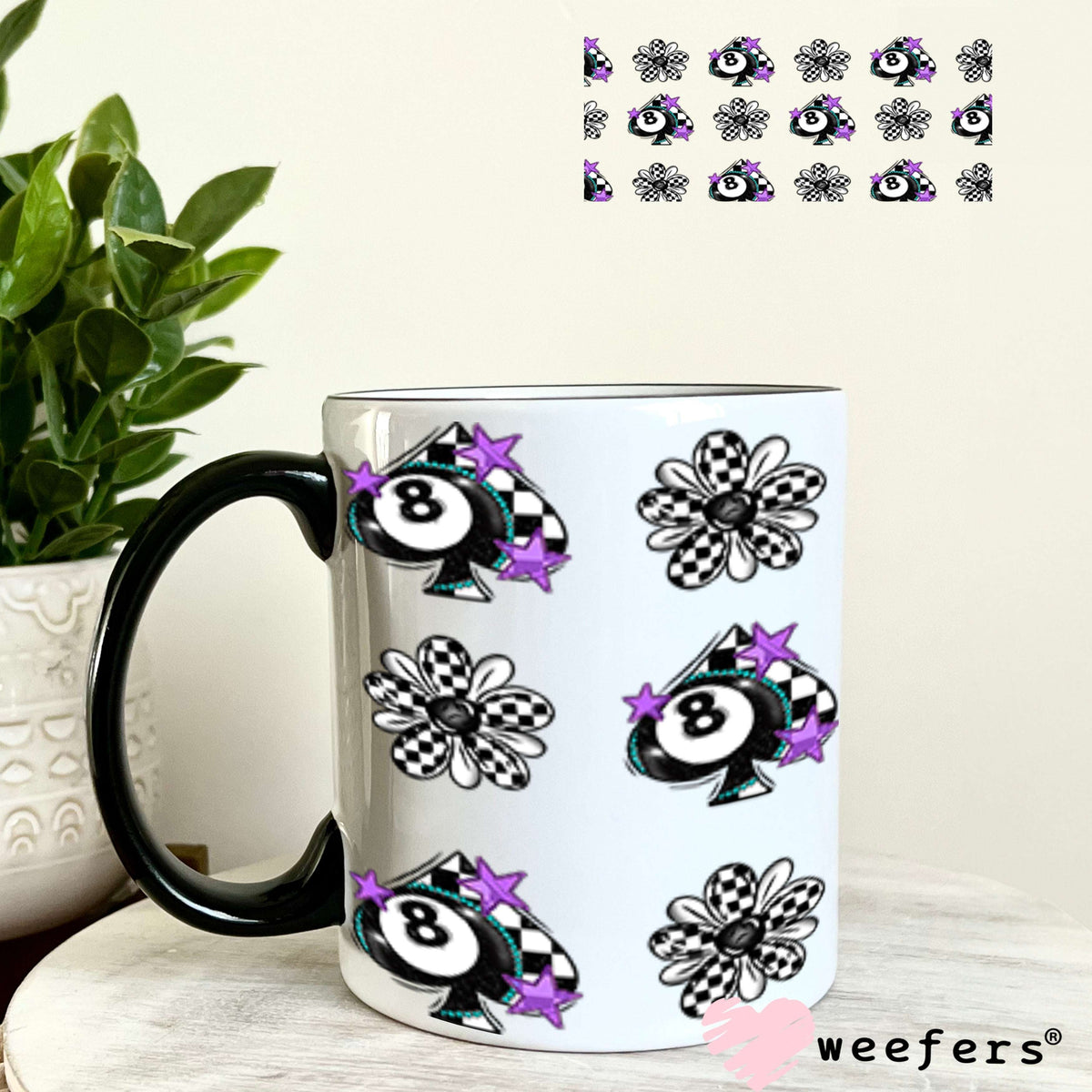Eight Ball Checkered Spade Purple Sidekick UV DTF Cup Wrap - WEEFERS EXCLUSIVE WRAP 11oz Coffee Mug Cup Wrap Weefers