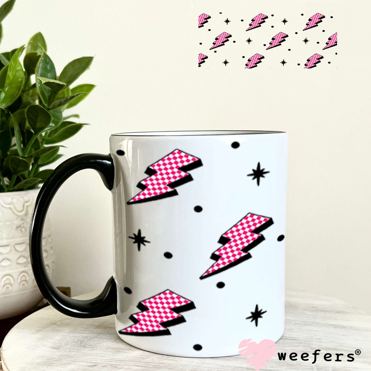 Pink and White Checkered Lightening Bolts UV DTF Cup Wrap - WEEFERS EXCLUSIVE WRAP 11oz Coffee Mug Cup Wrap Weefers