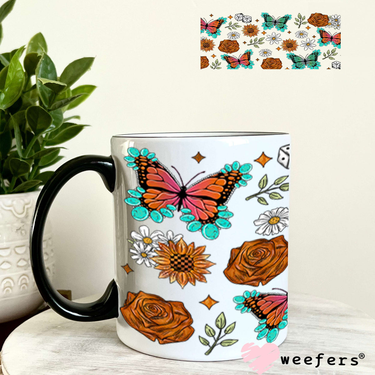 Rust Roses Butterflies and Sunflowers UV DTF Cup Wrap - WEEFERS EXCLUSIVE WRAP 11oz Coffee Mug Cup Wrap Weefers