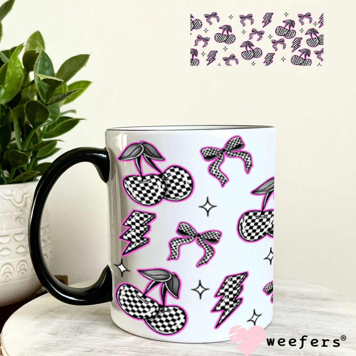 Purple Black and White Checkered Cherries and Bows UV DTF Cup Wrap - WEEFERS EXCLUSIVE WRAP 11oz Coffee Mug Cup Wrap Weefers