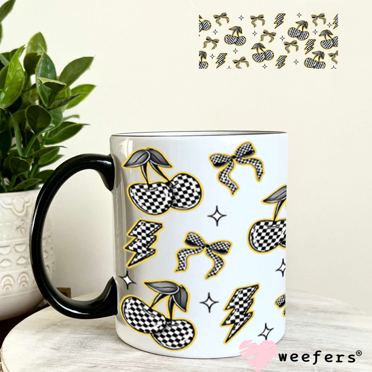 Yellow Black and White Checkered Cherries and Bows UV DTF Cup Wrap - WEEFERS EXCLUSIVE WRAP 11oz Coffee Mug Cup Wrap Weefers