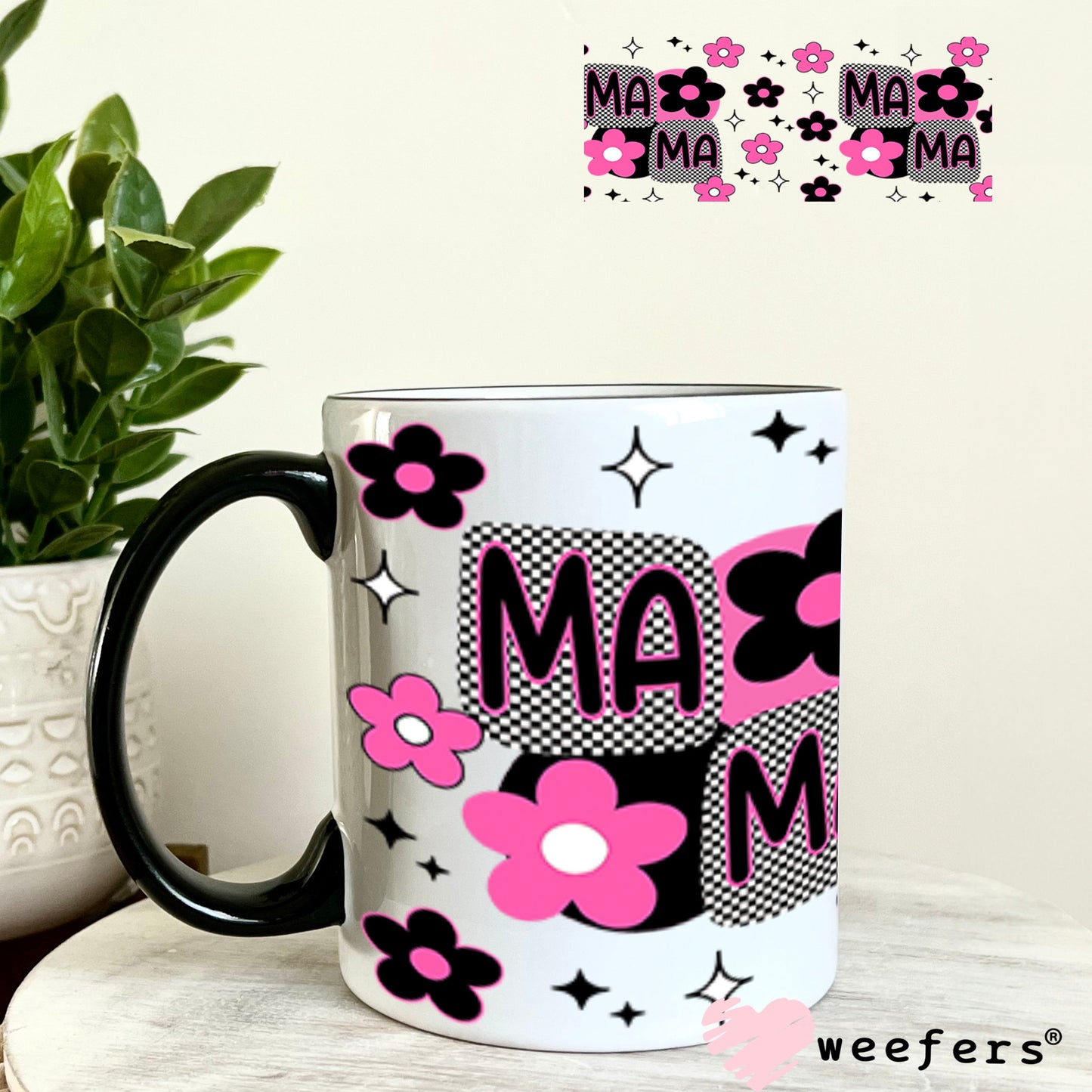 Mama Pink and Black Flowers UV DTF Cup Wrap - Weefers® Exclusive 11oz Coffee Mug Cup Wrap Weefers