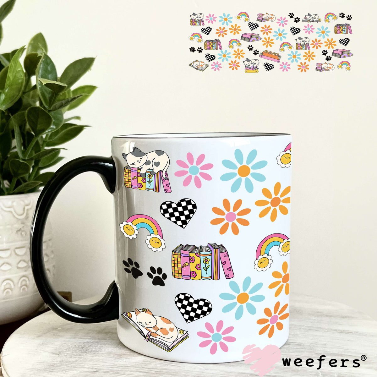 Retro Cats and Books UV DTF Cup Wrap 11oz Coffee Mug Weefers
