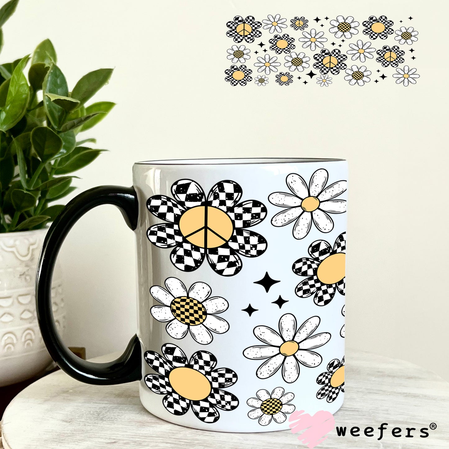Black and White Checkered Flowers and White Daisies Scattered UV DTF Cup Wrap 11oz Coffee Mug Weefers