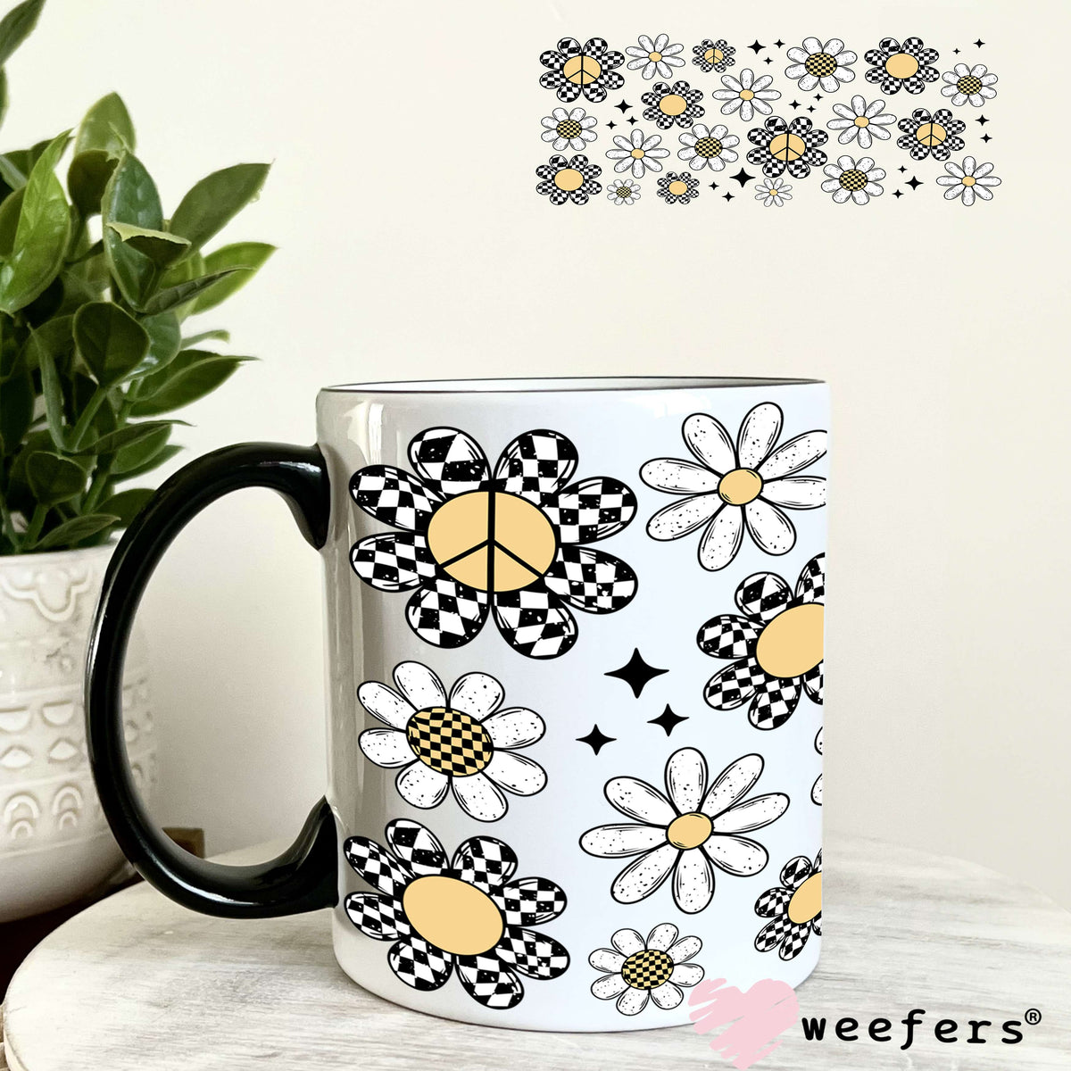 Black and White Checkered Flowers and White Daisies Scattered UV DTF Cup Wrap 11oz Coffee Mug Weefers