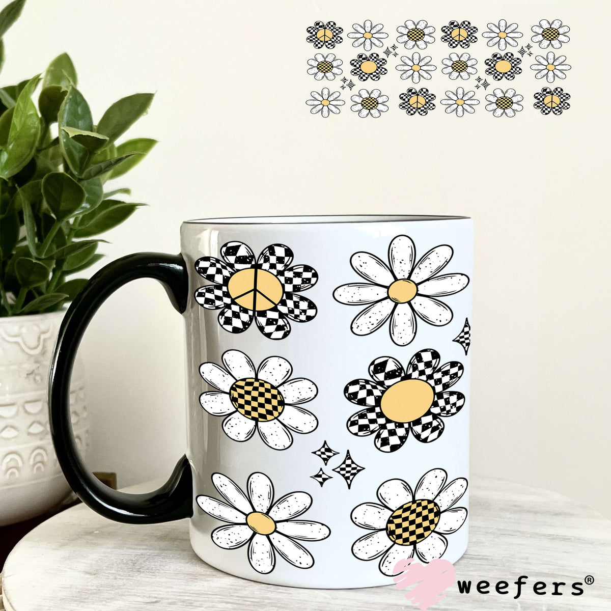 Black and White Checkered Flowers and White Daisies Lined UV DTF Cup Wrap 11oz Coffee Mug Weefers