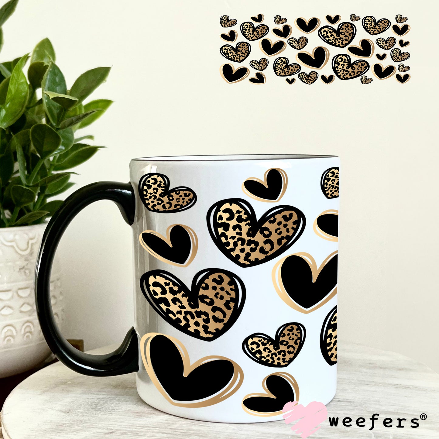 Gold and Black Leopard Hearts UV DTF Cup Wrap 11oz Coffee Mug Weefers