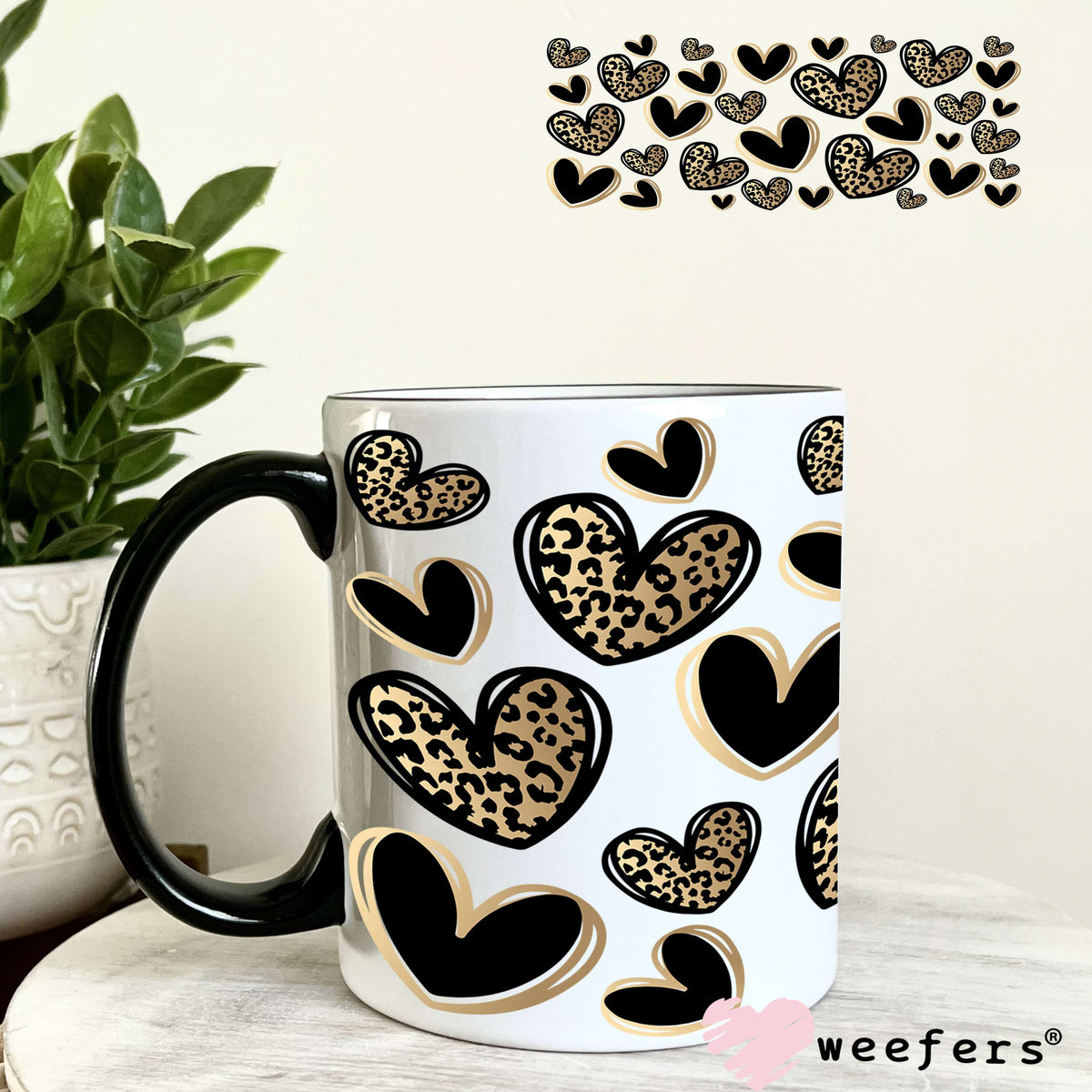 Gold and Black Leopard Hearts UV DTF Cup Wrap 11oz Coffee Mug Weefers