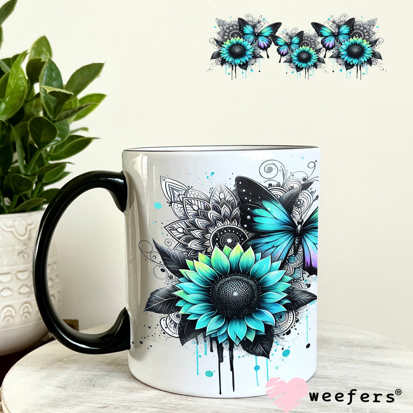 Teal Black and Purple Butterflies UV DTF Cup Wrap 11oz Coffee Mug Weefers