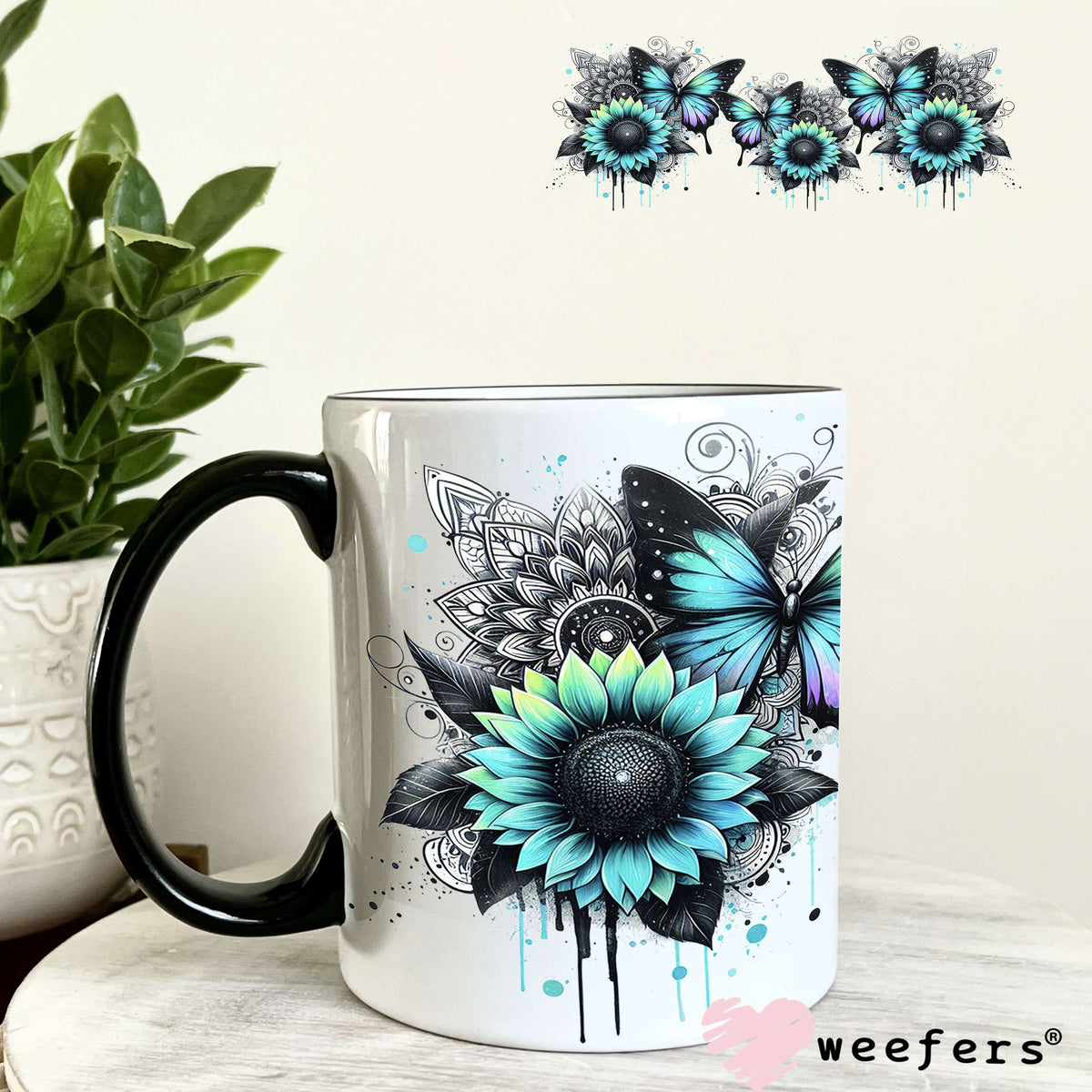 Teal Black and Purple Butterflies UV DTF Cup Wrap 11oz Coffee Mug Weefers