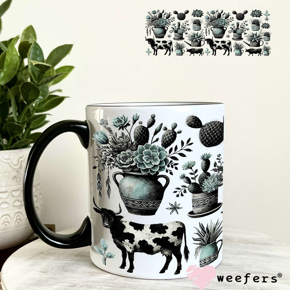 Cows and Succulents UV DTF Cup Wrap 11oz Coffee Mug Weefers