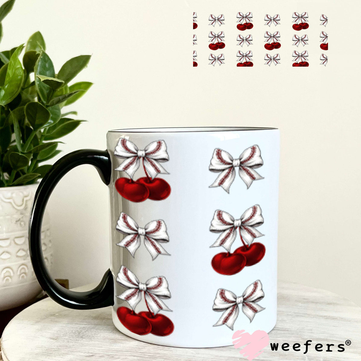 Cherry Bow Baseball UV DTF Cup Wrap - WEEFERS EXCLUSIVE WRAP 11oz Coffee Mug Cup Wrap Weefers