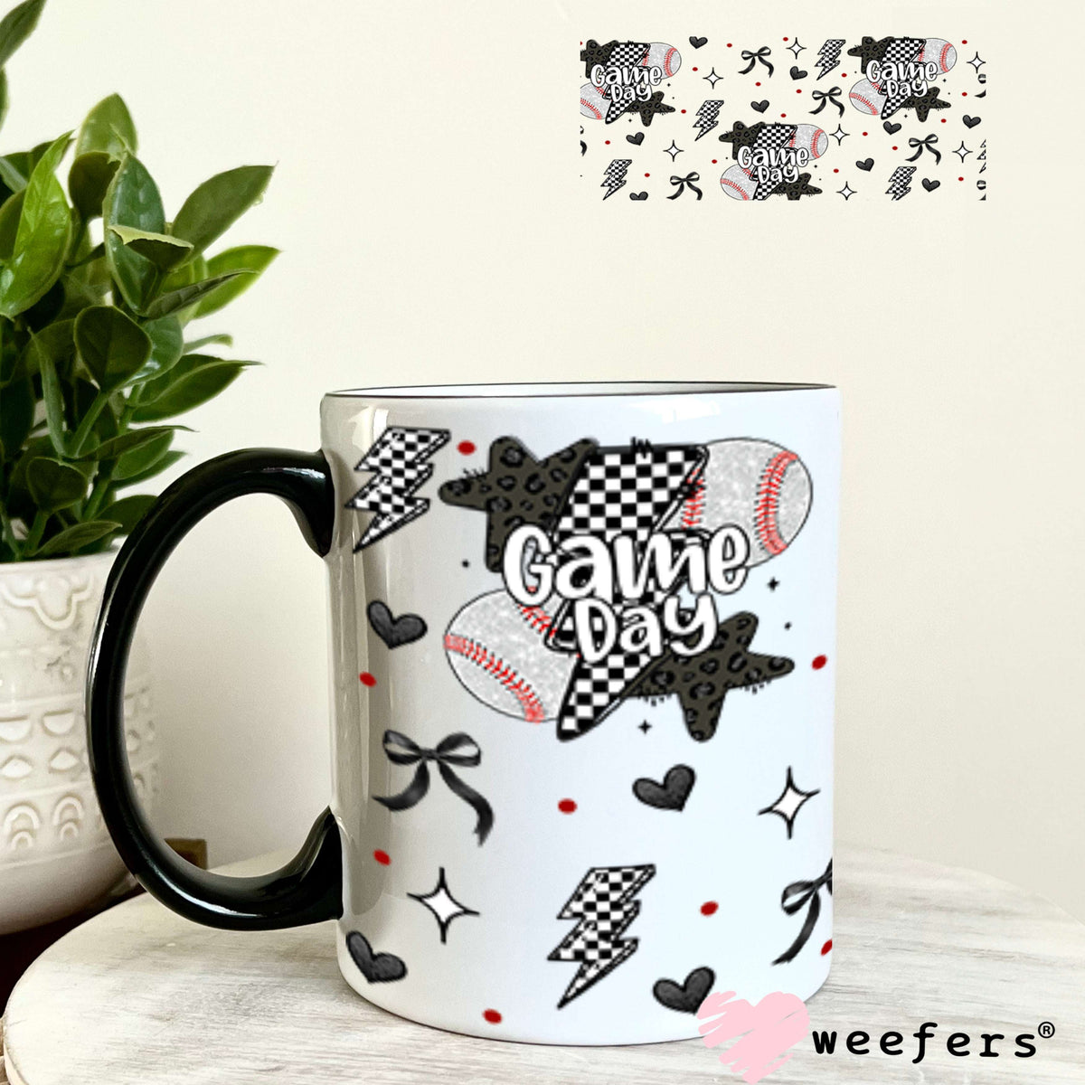 Game Day Baseball Black Checkered Lightening Bolts UV DTF Cup Wrap - WEEFERS EXCLUSIVE WRAP 11oz Coffee Mug Cup Wrap Weefers