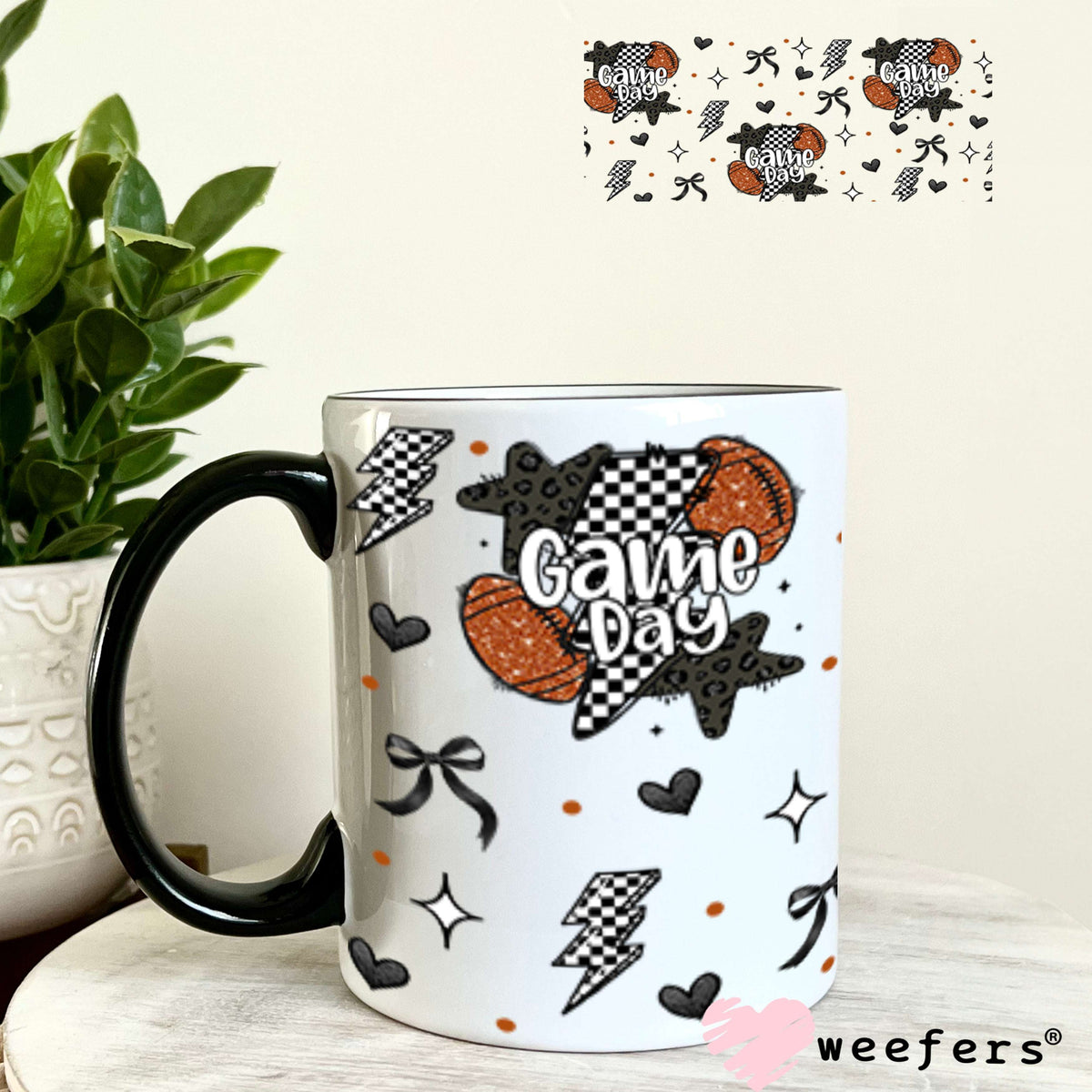Game Day Football Black Checkered Lightening Bolts UV DTF Cup Wrap - WEEFERS EXCLUSIVE WRAP 11oz Coffee Mug Cup Wrap Weefers