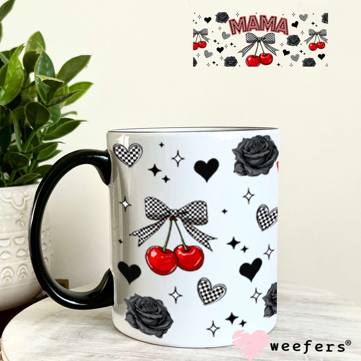 Mama Checkered Bow Cherries UV DTF Cup Wrap - Weefers® Exclusive 11oz Coffee Mug Cup Wrap Weefers