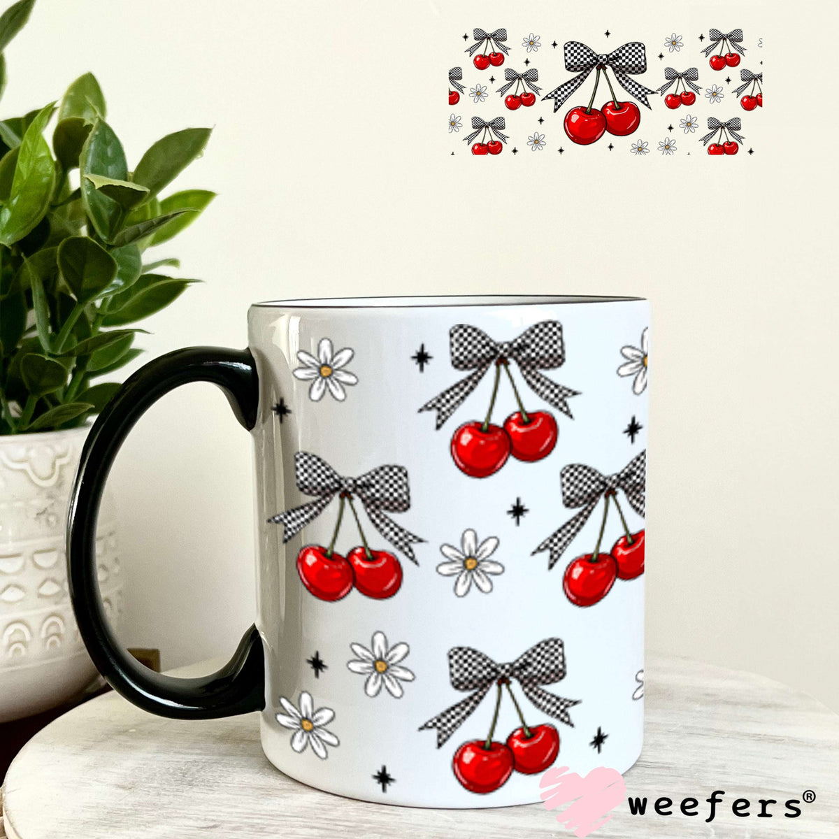 Black and White Checkered Bow Cherries UV DTF Cup Wrap - - Weefers® Exclusive 11oz Coffee Mug Cup Wrap Weefers