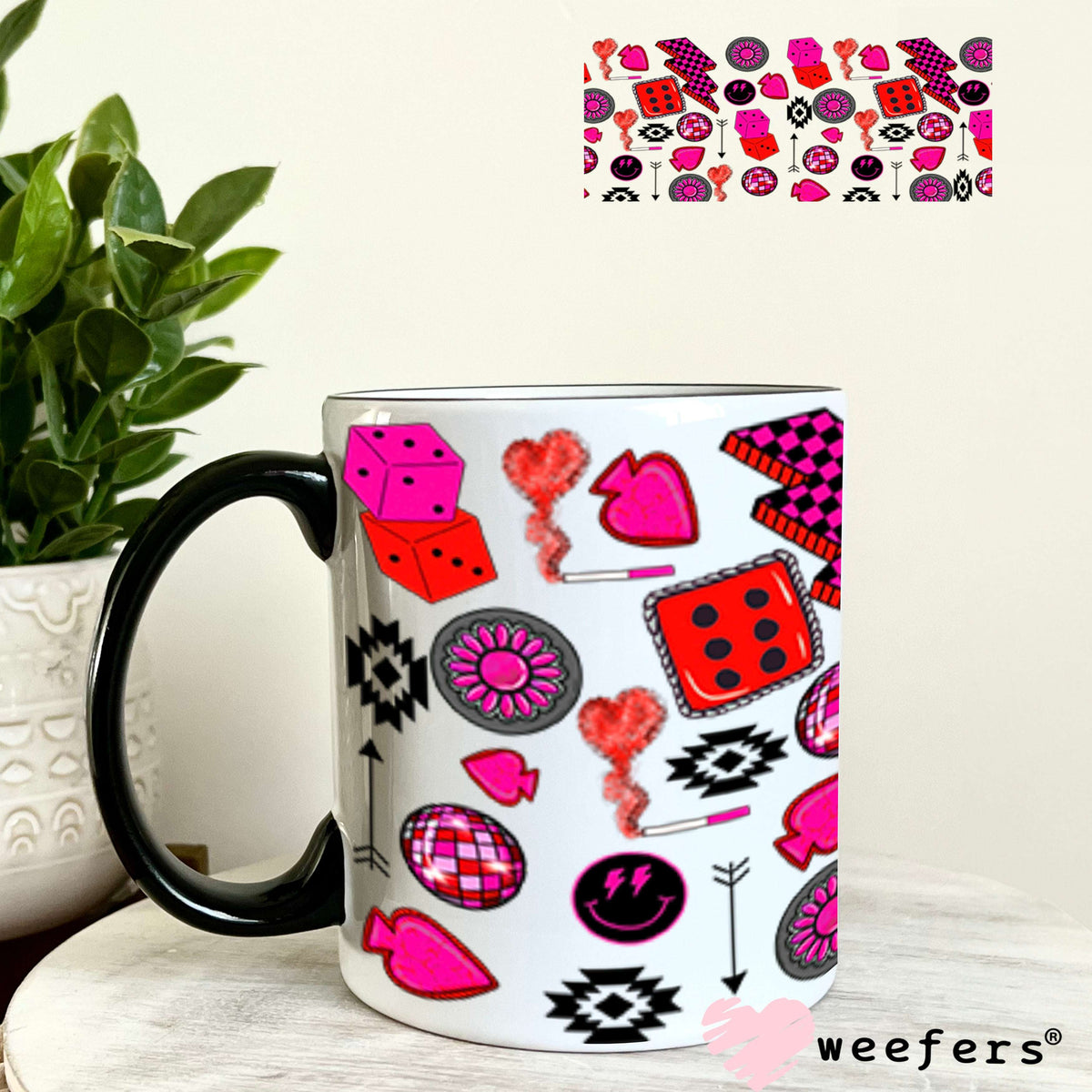 Caffeine and Chaos Hot Pink Dice Sidekick UV DTF Cup Wrap - WEEFERS EXCLUSIVE WRAP 11oz Coffee Mug Cup Wrap Weefers