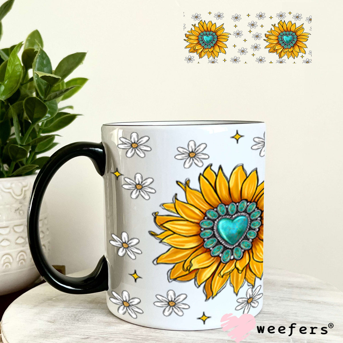 Yellow Sunflower Turquoise Jewels UV DTF Cup Wrap - WEEFERS EXCLUSIVE WRAP 11oz Coffee Mug Cup Wrap Weefers