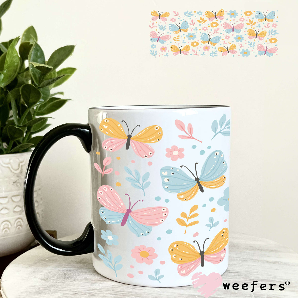 Blue and Orange Butterflies UV DTF Cup Wrap 11oz Coffee Mug Weefers