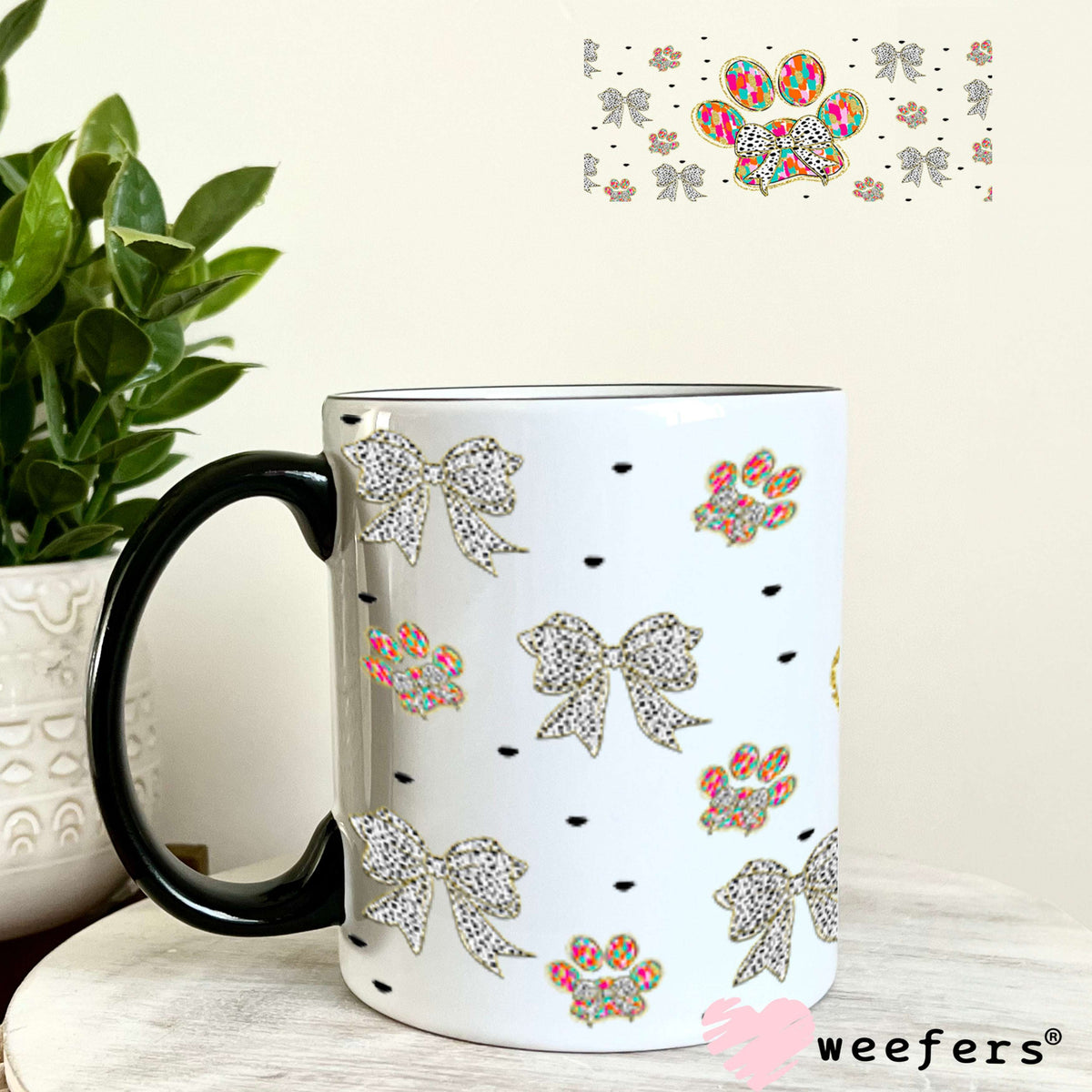 Dog Paw and Black Dotted Bows UV DTF Cup Wrap - Exclusive WEEFERS WRAP 11oz Coffee Mug Cup Wrap Weefers