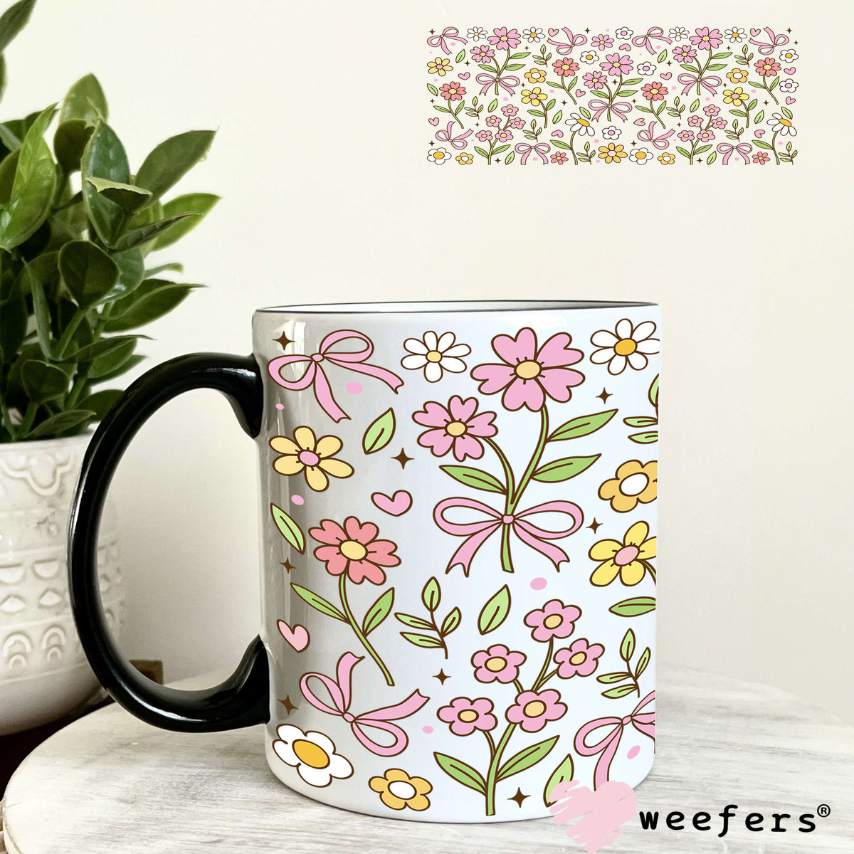 Pink and White Dainty Wild Flowers UV DTF Cup Wrap 11oz Coffee Mug Weefers
