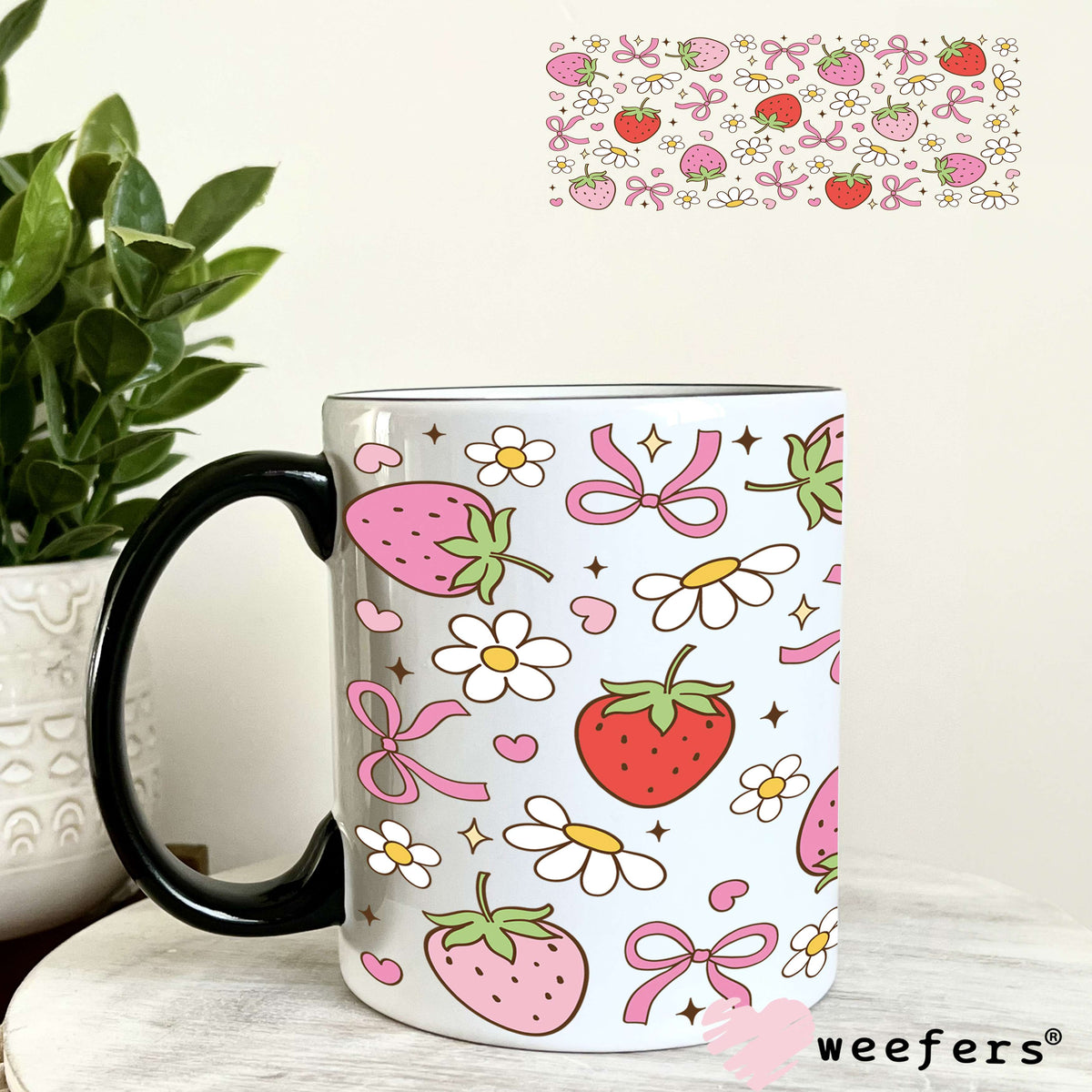 Strawberries Flowers and Bows UV DTF Cup Wrap 11oz Coffee Mug Weefers