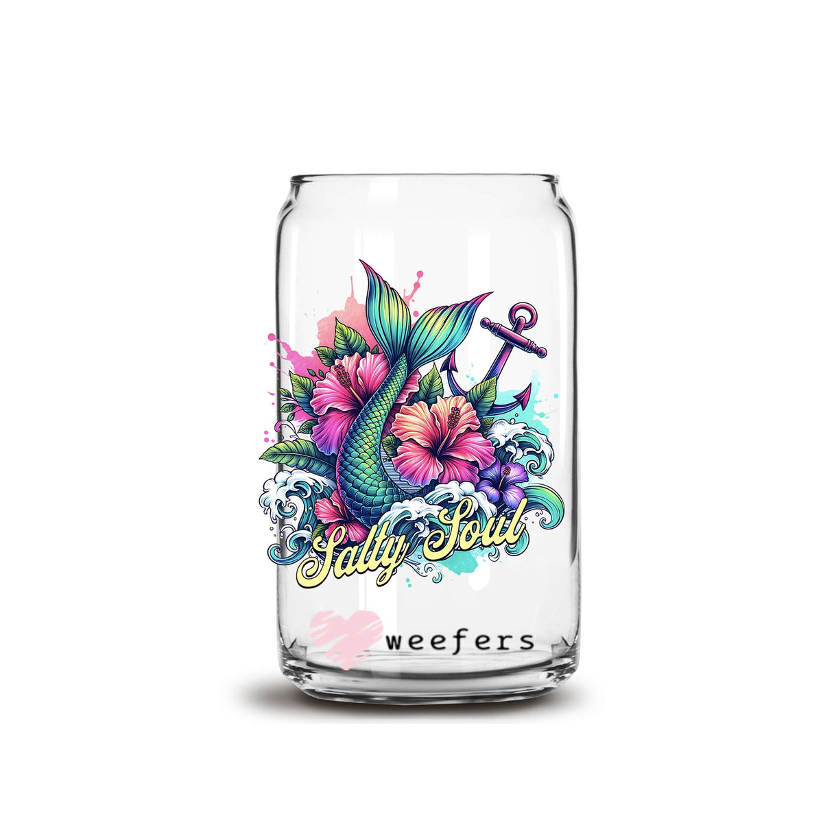 Salty Soul Mermaid Tail 16oz Libbey Glass Can UV DTF or Sublimation Wrap Decal Transfer Weefers