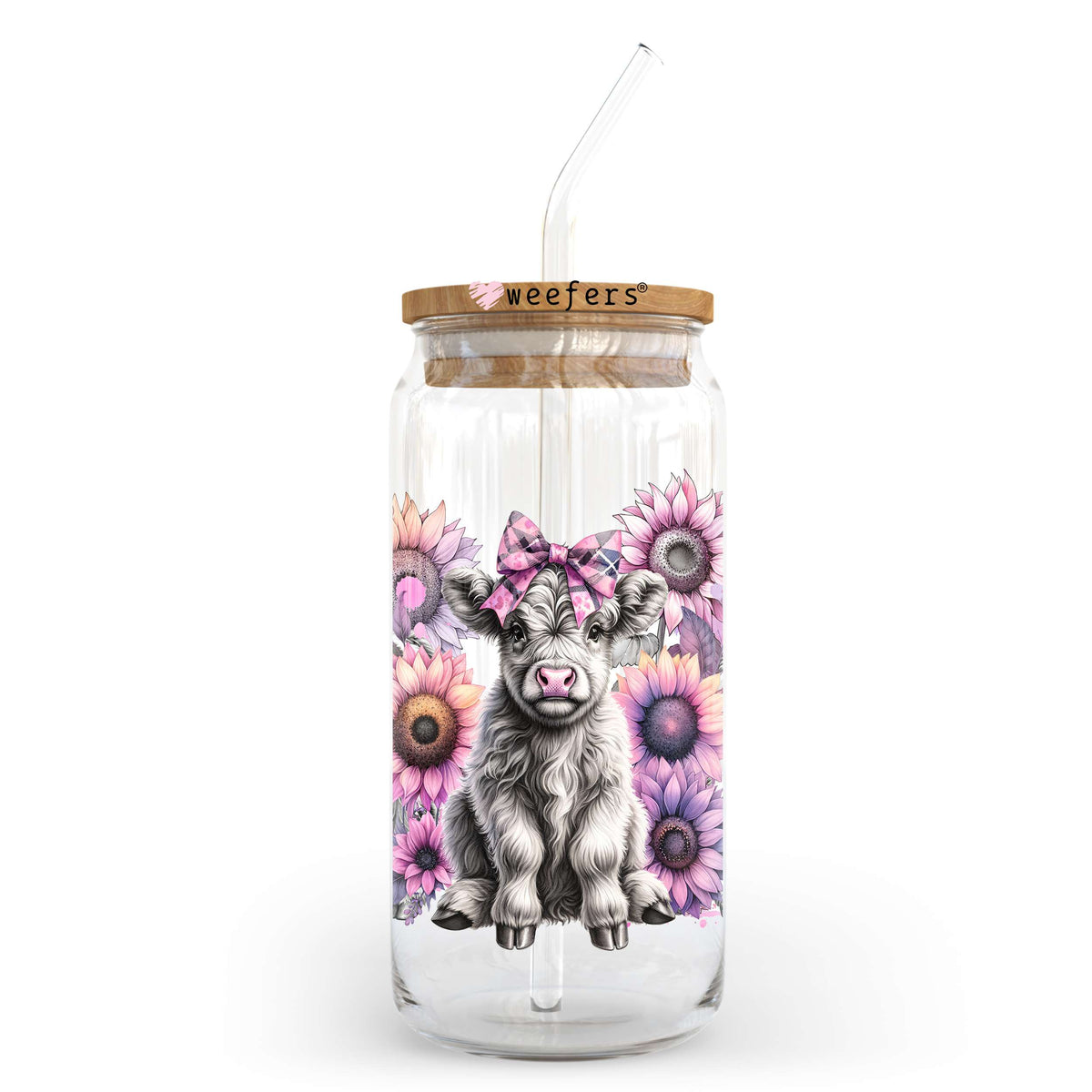 Pink Sunflower Cute Highlander Cow 20oz Libbey Glass Can UV DTF or Sublimation Wrap Transfer Weefers