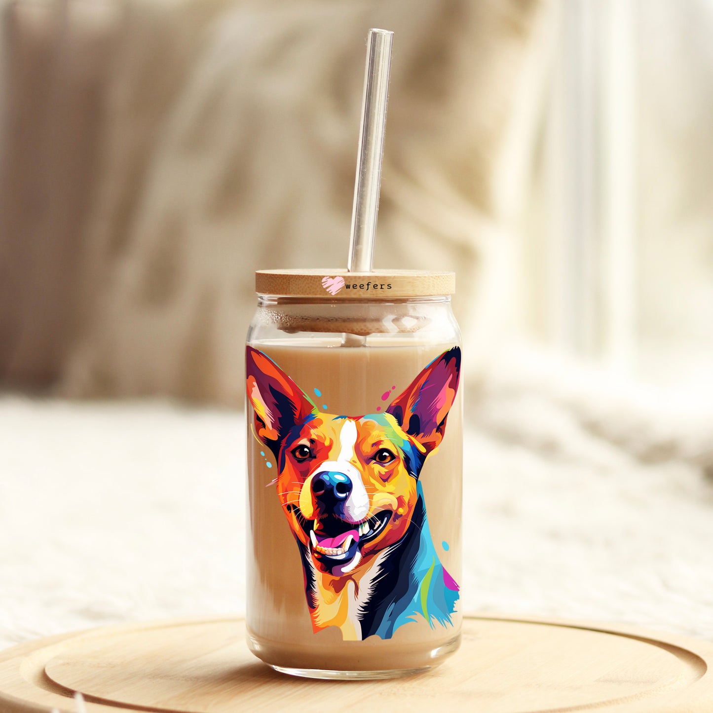 Basenji Colorful Watercolor 16oz Libbey Glass Can UV DTF or Sublimation Wrap - Decal Weefers