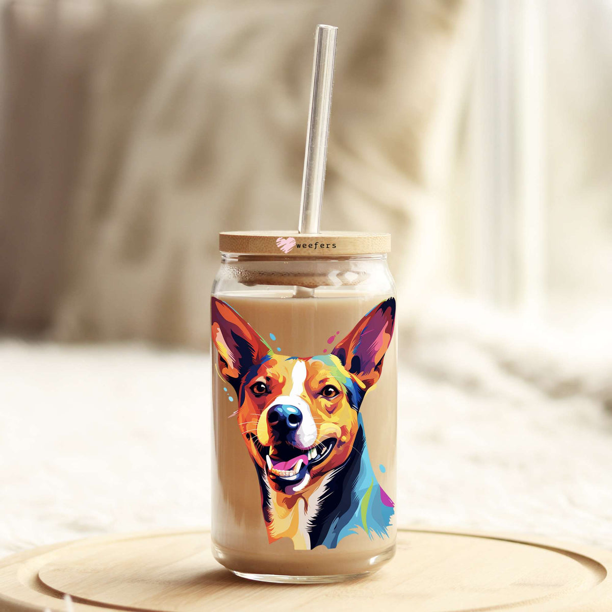 Basenji Colorful Watercolor 16oz Libbey Glass Can UV DTF or Sublimation Wrap - Decal Weefers