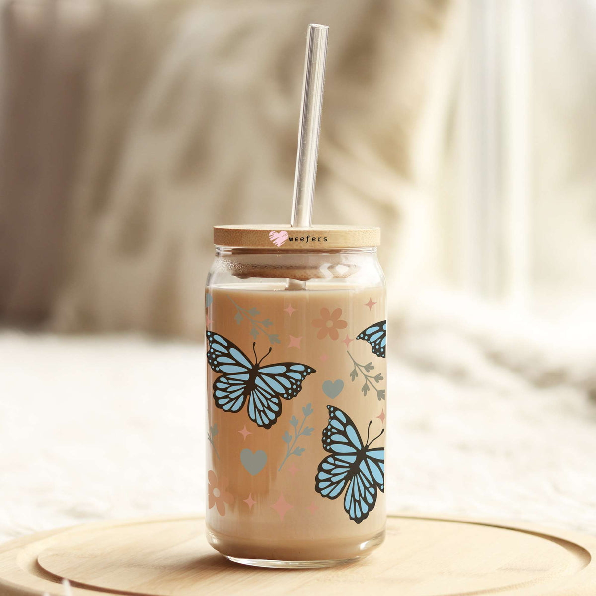 Blue Butterflies 16oz Libbey Glass Can UV DTF or Sublimation Wrap - Decal Transfer Weefers