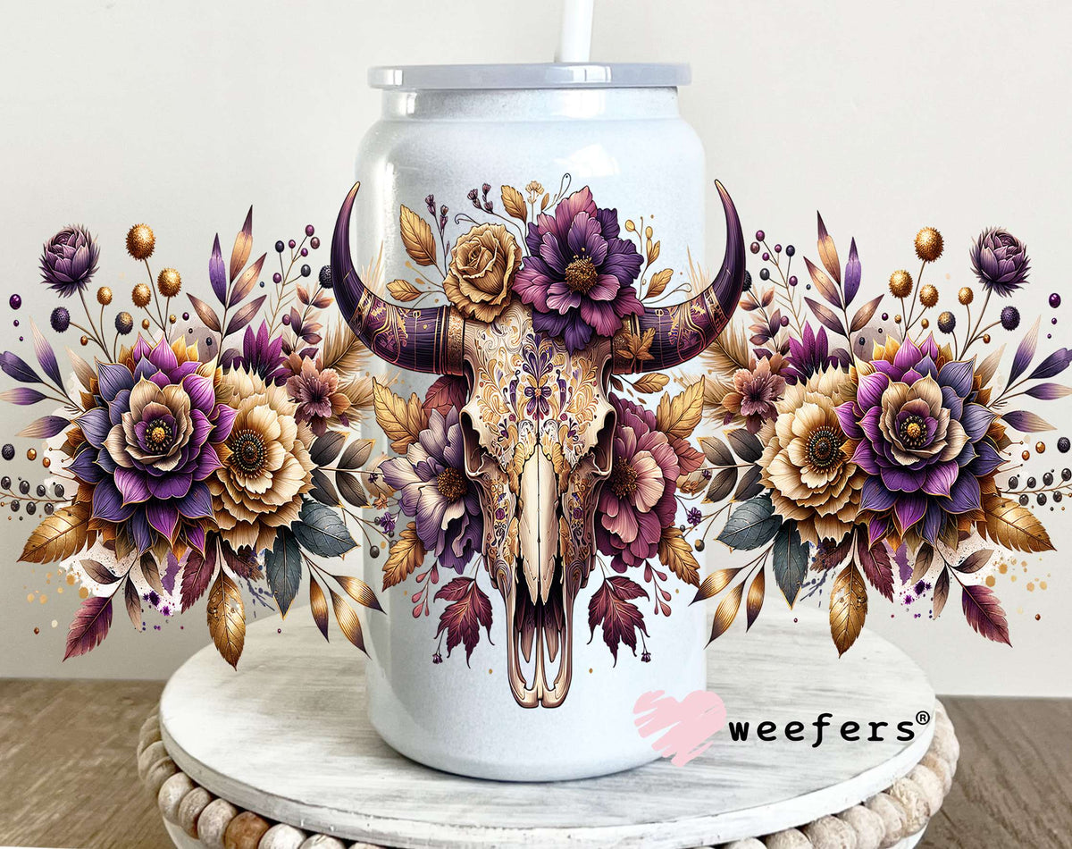 Purple Floral Cow Skull UV DTF Cup Wrap 16oz Glass Can Generic Weefers