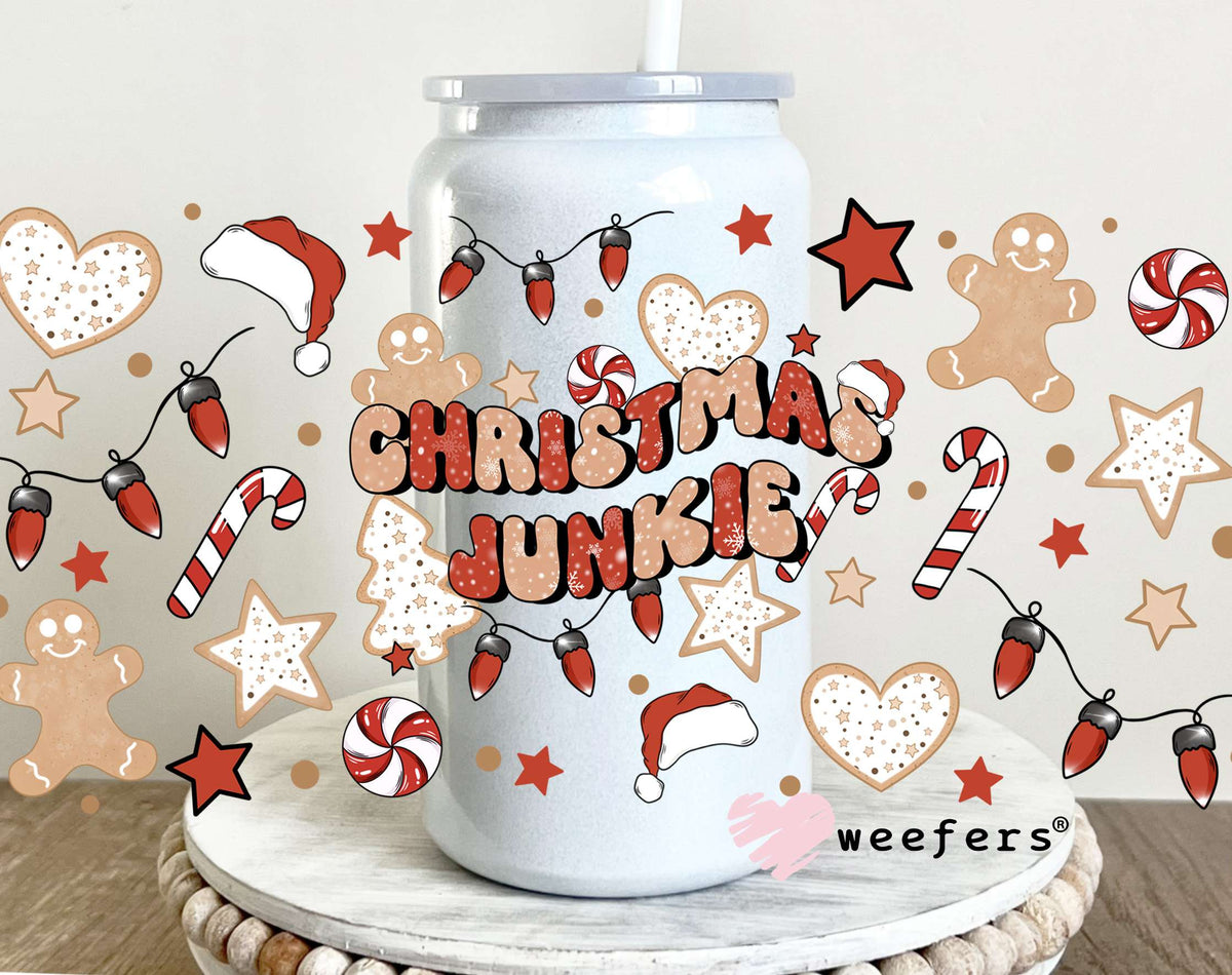 Christmas Junkie Watercolor UV DTF Cup Wrap 16oz Glass Can Generic Weefers