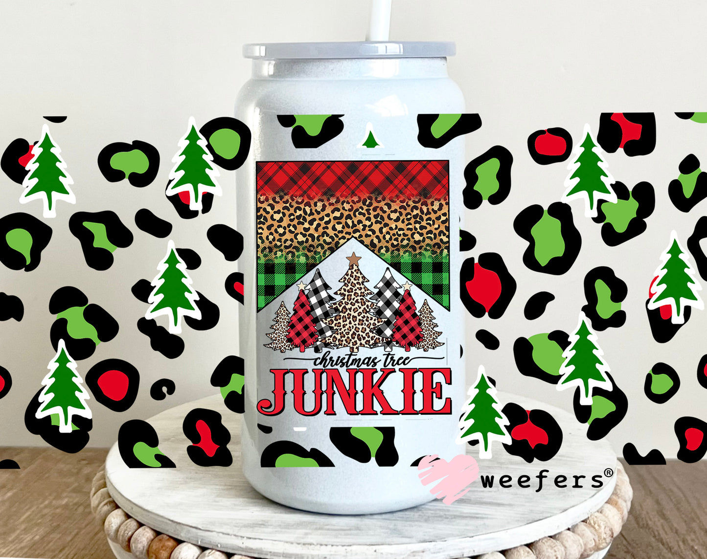 Christmas Junkie Red Green Cheetah Print UV DTF Cup Wrap 16oz Glass Can Generic Weefers