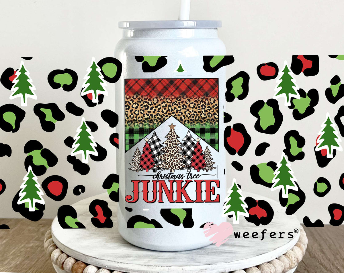 Christmas Junkie Red Green Cheetah Print UV DTF Cup Wrap 16oz Glass Can Generic Weefers