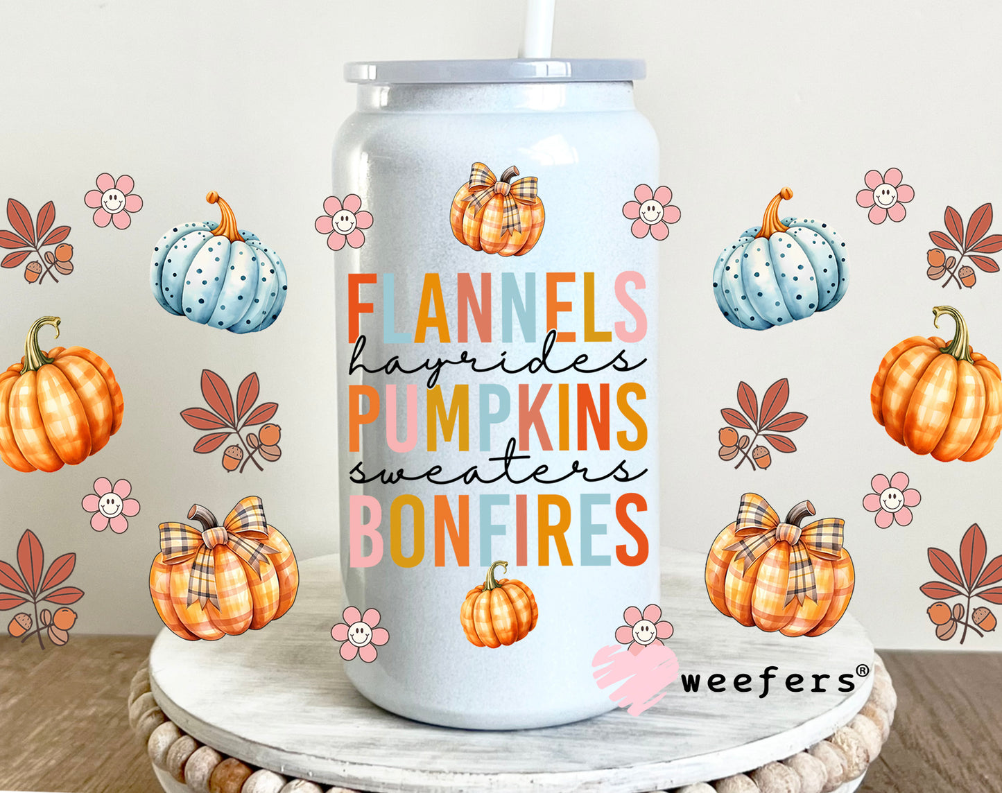 Flannels Pumpkins Bonfires Fall UV DTF Cup Wrap 16oz Glass Can Generic Weefers