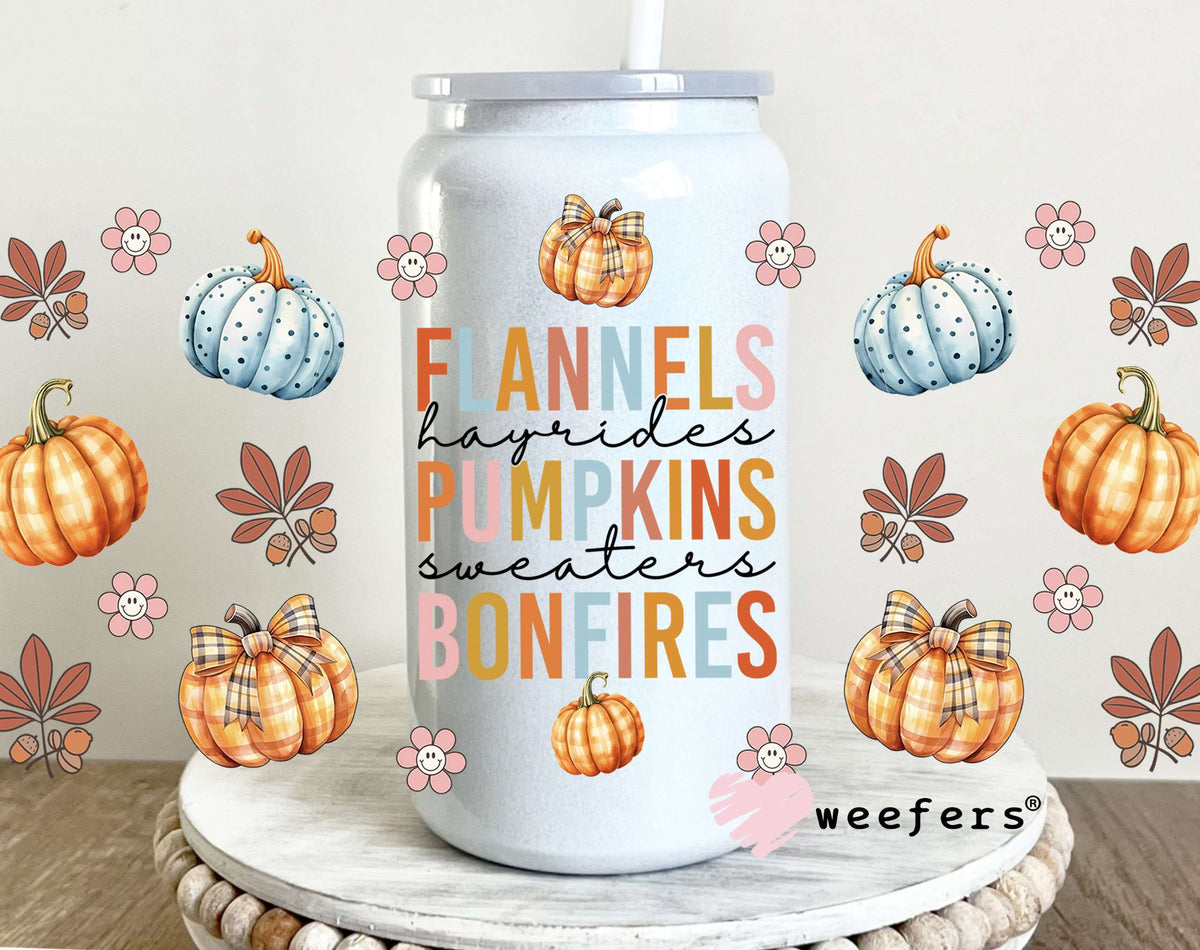 Flannels Pumpkins Bonfires Fall UV DTF Cup Wrap 16oz Glass Can Generic Weefers