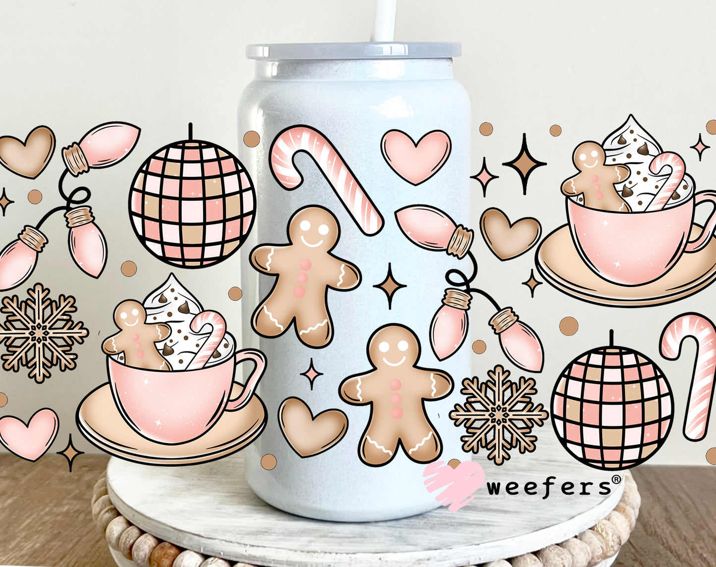 Gingerbread Pink Party Christmas UV DTF Cup Wrap 16oz Glass Can Generic Weefers