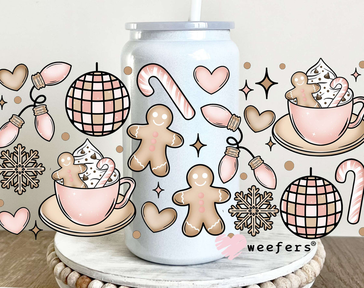 Gingerbread Pink Party Christmas UV DTF Cup Wrap 16oz Glass Can Generic Weefers