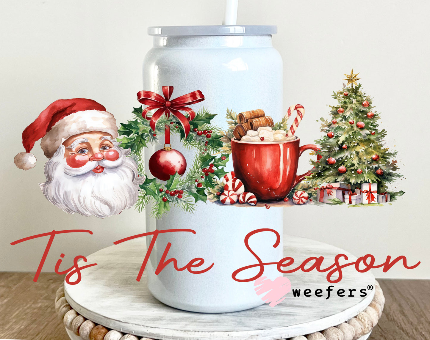 Tis The Season Santa Hot Cocoa Christmas UV DTF Cup Wrap 16oz Glass Can Generic Weefers