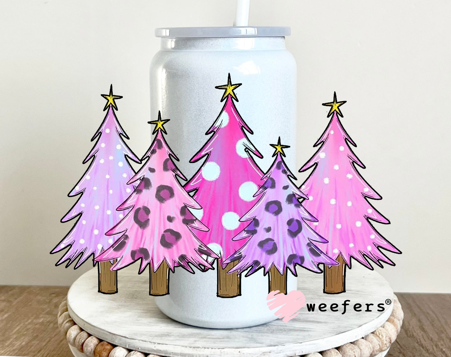 Christmas Pink Wonderland Trees UV DTF Decal 16oz Glass Can Generic Weefers
