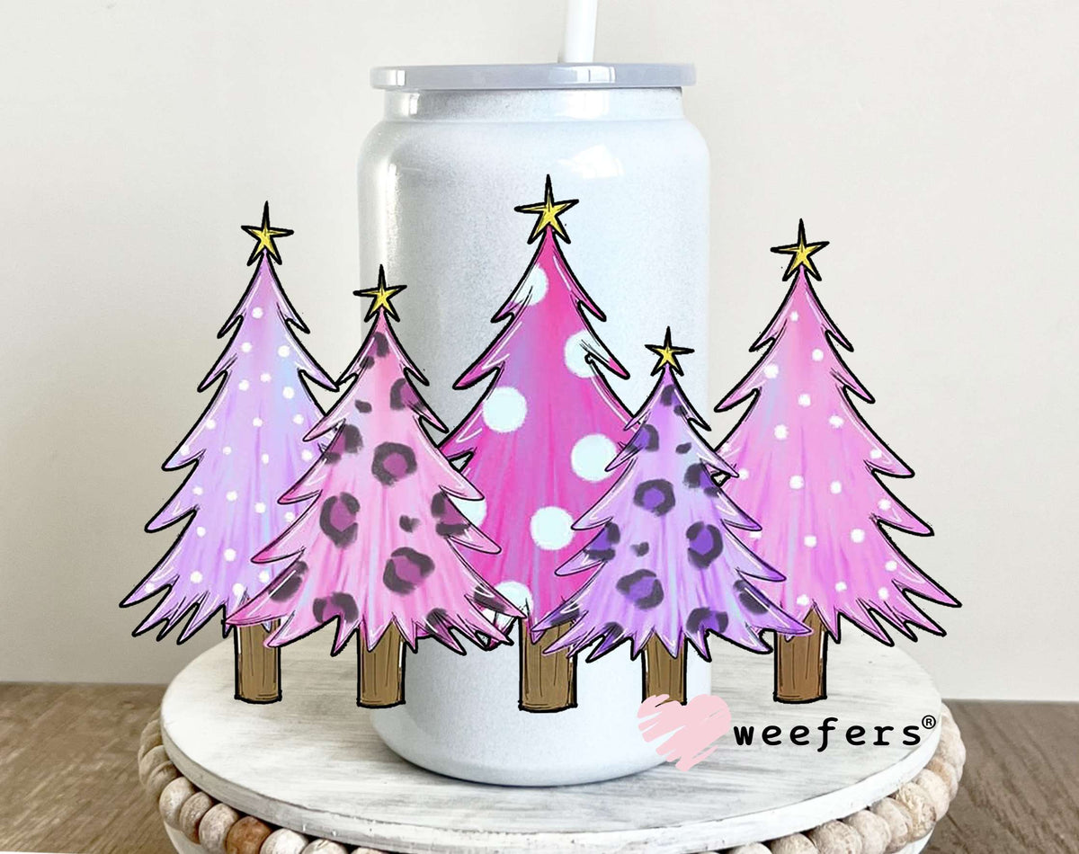 Christmas Pink Wonderland Trees UV DTF Decal 16oz Glass Can Generic Weefers