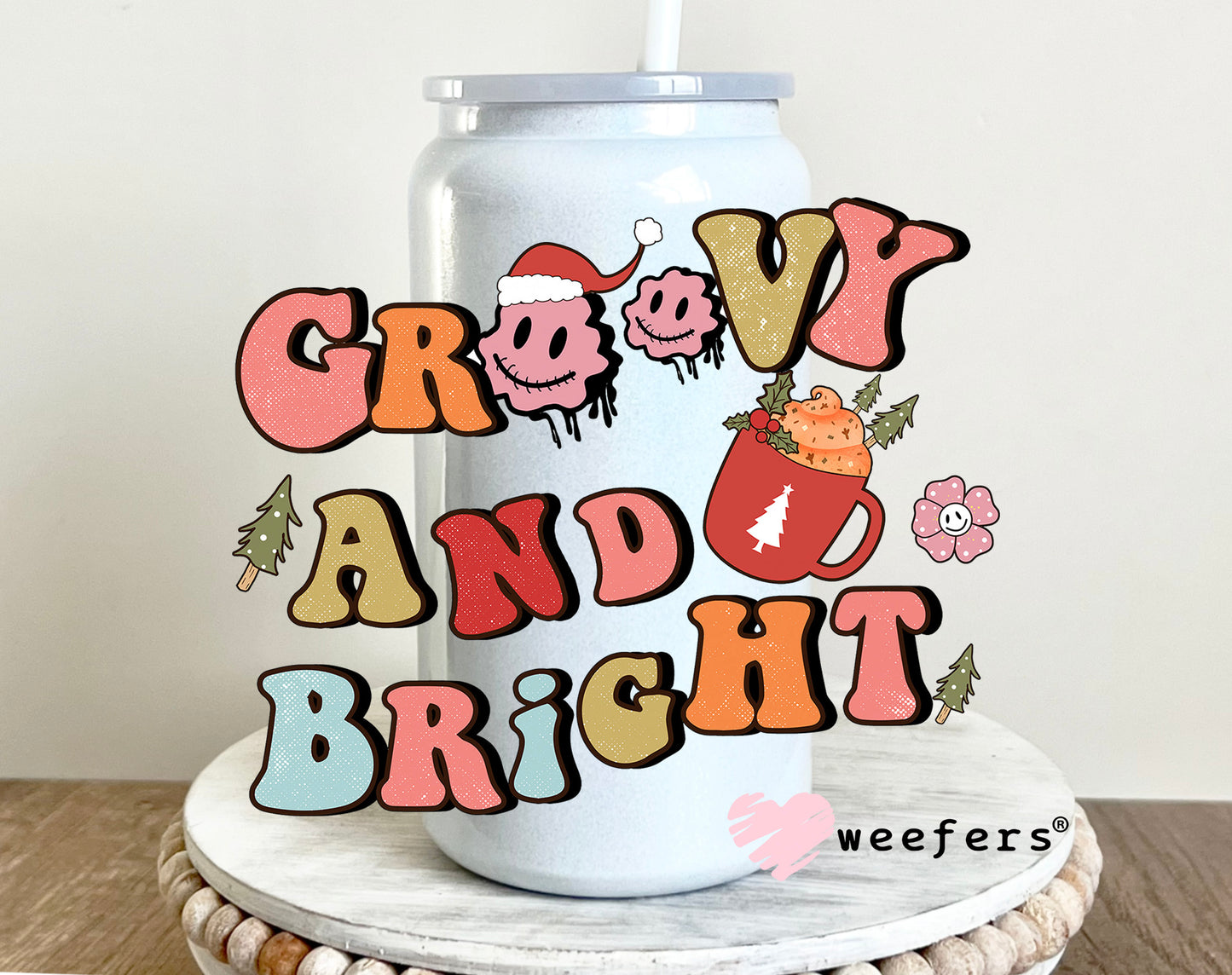 Groovy and Bright Retro Christmas UV DTF Decal 16oz Glass Can Generic Weefers
